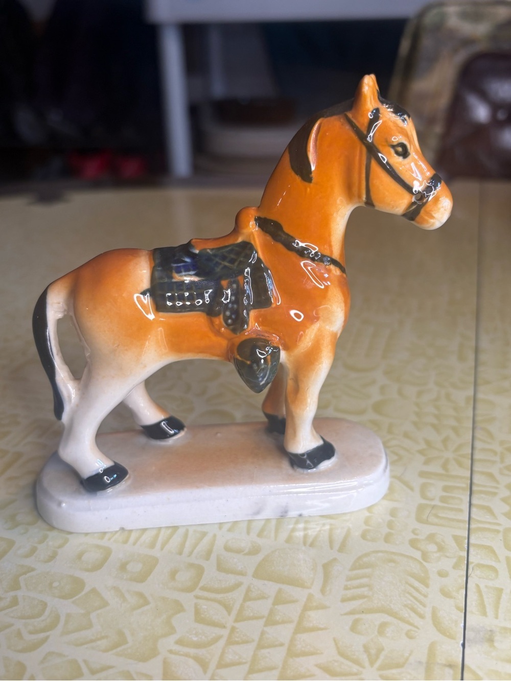 Vintage Glossy Orange and White Ceramic Horse Figurine with Black Saddle